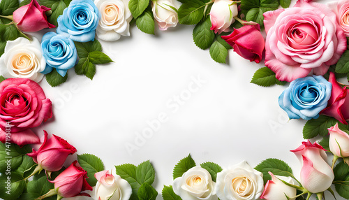 Beautiful cinema screenshot image view of red pink fuchsia light blue and white rose flowers border frame