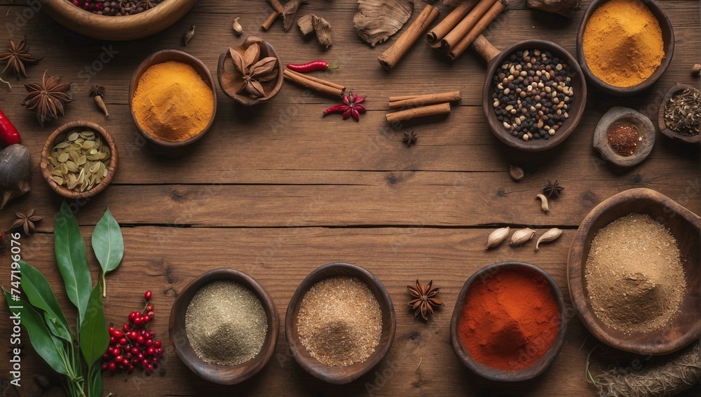 A diverse collection of spices and herbs neatly presented in bowls on a rustic wooden table, signifying culinary diversity and flavor A diverse collection of spices and herbs neatly presented in bowls on a rustic wooden table, signifying culinary diversity and flavor