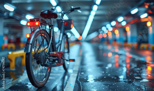 Bicycle parked in the underground garage with red lights