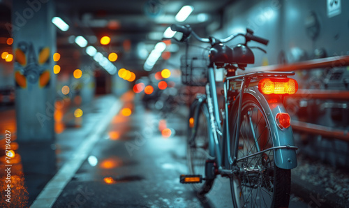 Bicycle parked in the underground parking lot at night photo