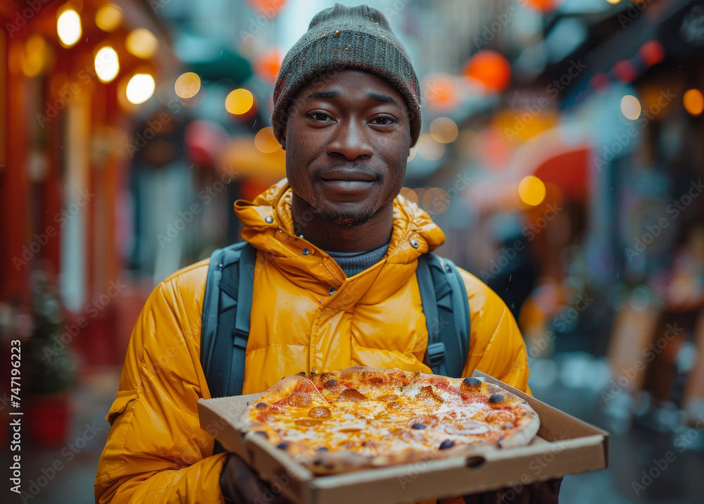 Young man holding pizza in Chinatown