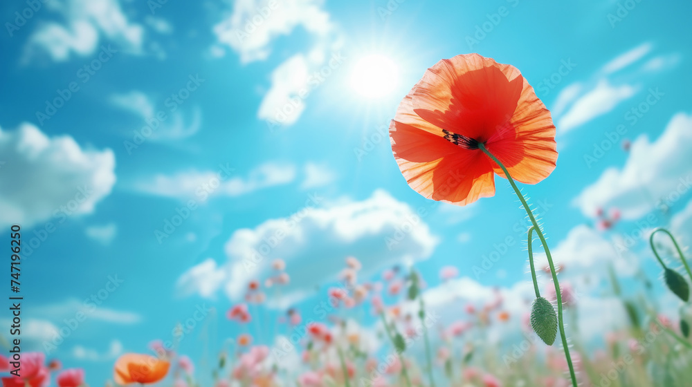 Close up of red poppy flower against blue sky background. Spring landscape concept. Generative AI
