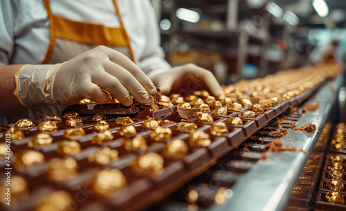 Woman putting chocolate candies on production line