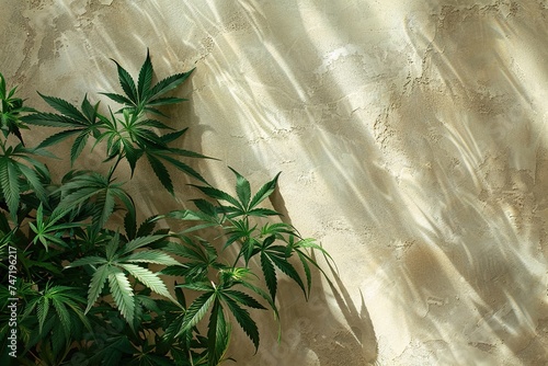 green marijuana leaves cast a shadow on the background of the sunlit wall with copy space