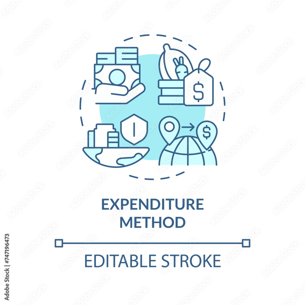 Expenditure method soft blue concept icon. Gdp calculating. National economics. Geopolitical finances. Round shape line illustration. Abstract idea. Graphic design. Easy to use in brochure, booklet Expenditure method soft blue concept icon. Gdp calculating. National economics. Geopolitical finances. Round shape line illustration. Abstract idea. Graphic design. Easy to use in brochure, booklet