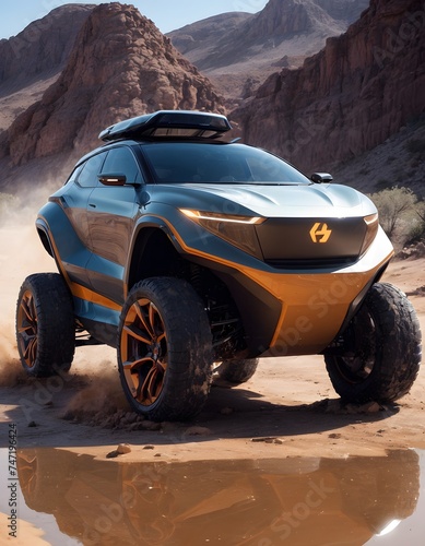An electric vehicle with striking orange accents powers through the desert, reflecting in a pool of water. This dynamic image captures the essence of powerful and eco-friendly off-road travel.
