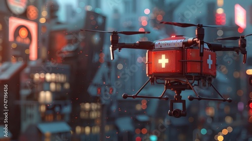 Drone quadcopter carrying first aid kit at urban city. Medical technology concept. photo
