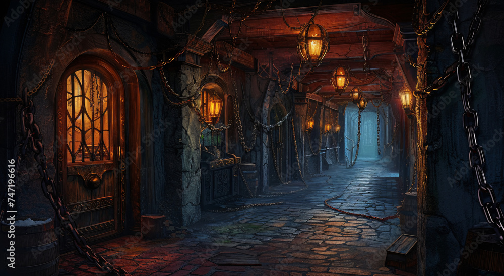 Mystical Cobblestone Alley at Night with Vintage Lanterns and Chains - A Dark Fantasy Setting