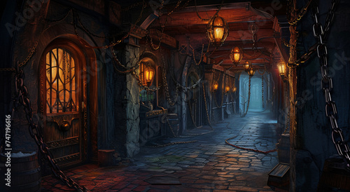 Mystical Cobblestone Alley at Night with Vintage Lanterns and Chains - A Dark Fantasy Setting