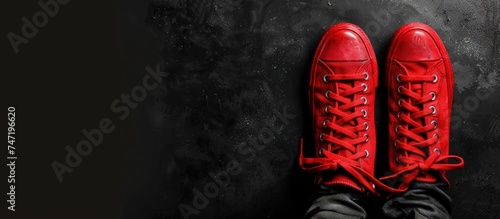Top view close up feet with red shoes on black concrete floor background. AI generated image photo
