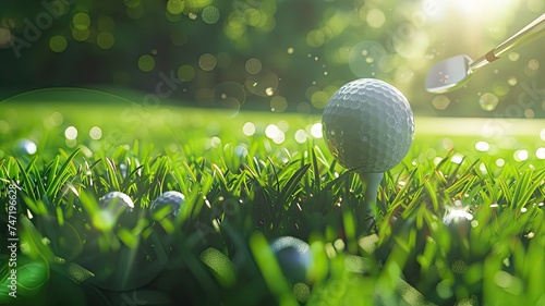 a golf ball placed delicately on the tee, poised for action, with a golf iron resting in lush green grass against a backdrop of the sun peeking through trees or clouds, casting a warm glow.
