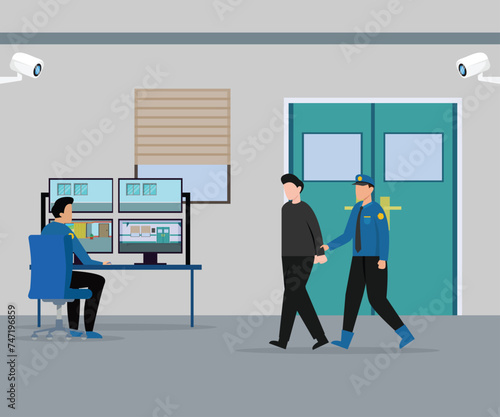 Security Characters Monitoring Surveillance System vector cartoon illustration