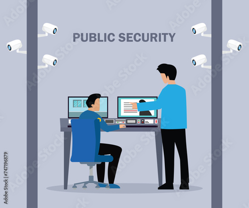 Security Characters Monitoring Surveillance System vector cartoon illustration