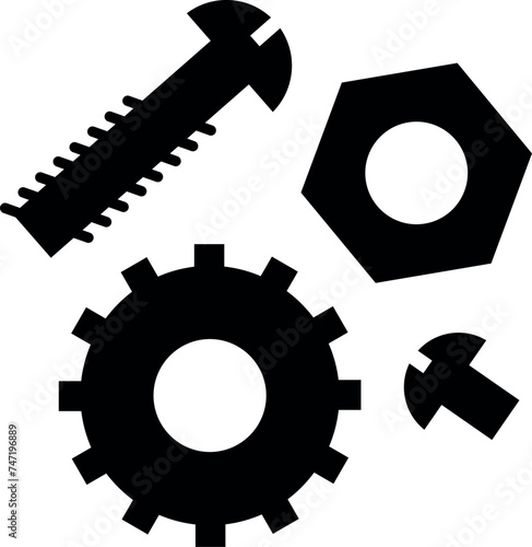 Gear, Nut and Screw Icon in Flat Style. Vector Illustration.