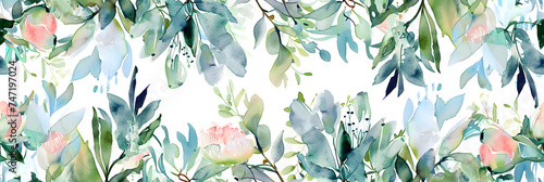 watercolor seamless pattern composition of delicate flowers and plants