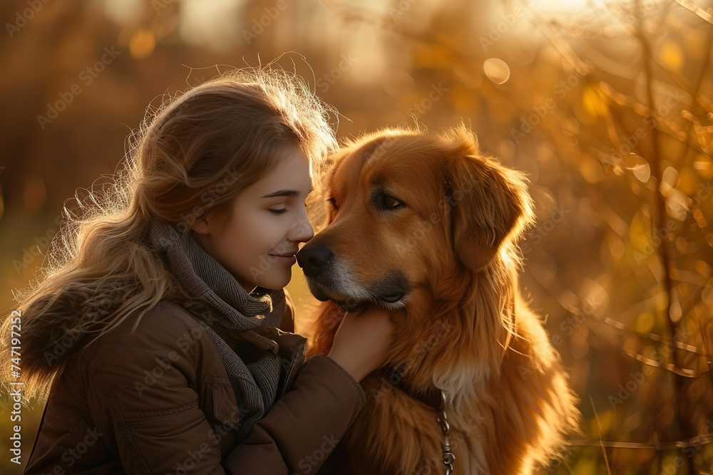 Mädchen mit Hund in stimmungsvoller Abendsonne Mädchen mit Hund in stimmungsvoller Abendsonne