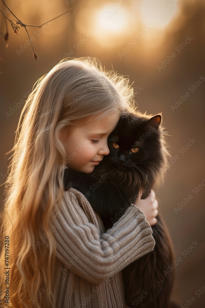 Blondes Mädchen mit schwarzer Katze im stimmungsvollen Sonnenlicht Blondes Mädchen mit schwarzer Katze im stimmungsvollen Sonnenlicht