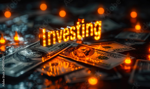 Neon-lit Investing sign positioned on a bed of hundred dollar bills illuminates the concept of finance, wealth management, and capital investment
