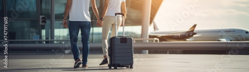 Young couple with suitcases at the airport. Travel and business concept. Travel and tourism concept with copy space. Travel concept with copy space. Travelling. 