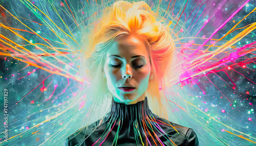 Portrait serré, de face, d'une magnifique femme blonde, image futuriste, les cheveux sont prolongés par des projections lumineuses de couleurs vives ,dans tout le cadre de l'image  photo