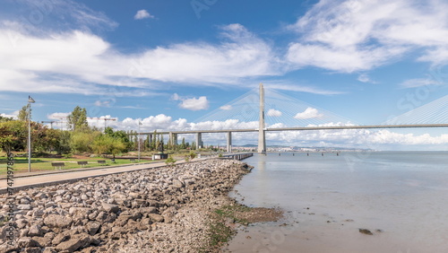 Panorama showing the Vasco da Gama Bridge timelapse in Lisbon  Portugal