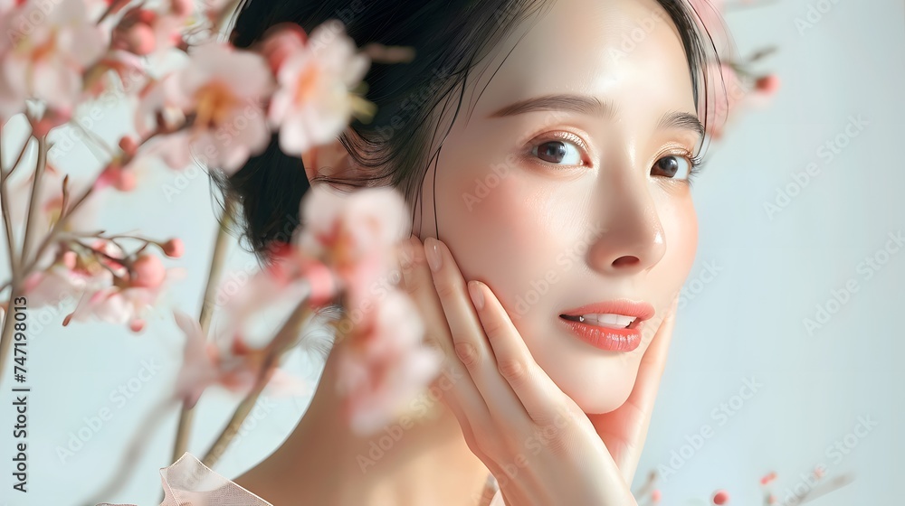 Illustration of a close-up photo of a beautiful young woman's face with good skin posing as a model selling skin care cosmetics. Can be used as an idea for models to pose for advertising shoots.