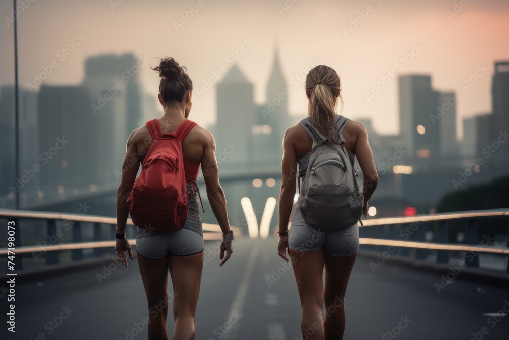 Sport women rucking and walking at street in modern city. View from back. - obrazy, fototapety, plakaty 