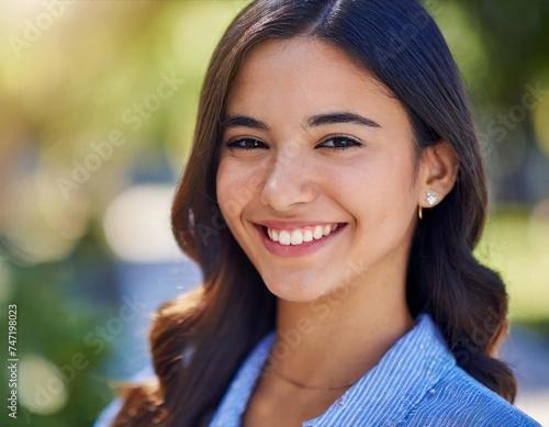 Face, smile and portrait of a woman happy in a park in summer for beauty