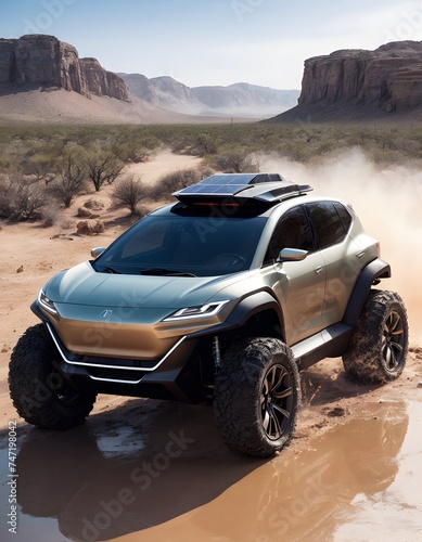 Amidst towering canyon walls, a robust, solar-powered SUV demonstrates its off-road prowess on a challenging muddy track. The vehicle's solar panels catch the light, a testament to sustainable