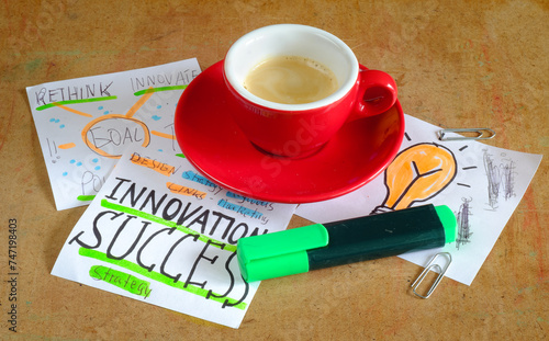 business plan scribble and cup of espresso coffee, textmarker and paper clips, innovation,success,thinking outside the box concept