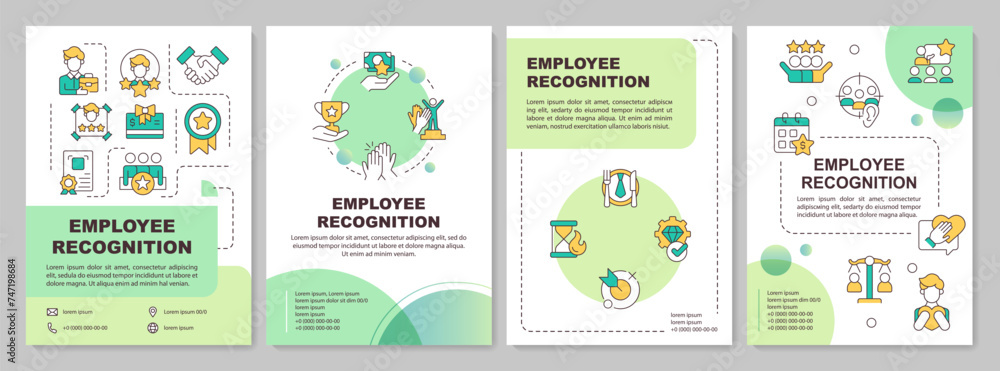Employee recognition green brochure template. Leaflet design with linear icons. Editable 4 vector layouts for presentation, annual reports. Arial-Black, Myriad Pro-Regular fonts used