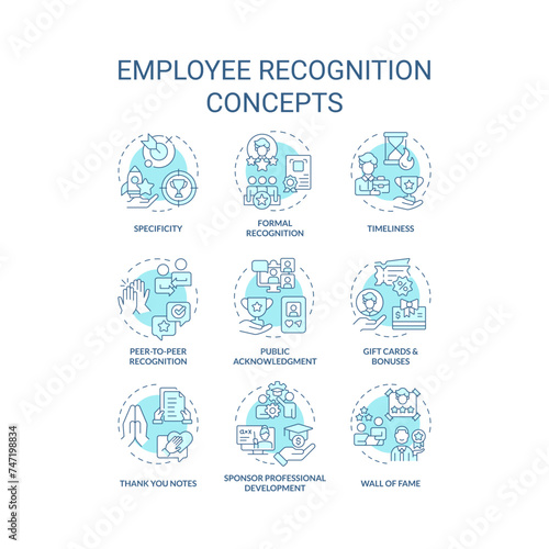 Employee recognition soft blue concept icons. Team member appreciation. Workplace culture. Worker encouragement, motivation. Icon pack. Vector images. Round shape illustrations. Abstract idea