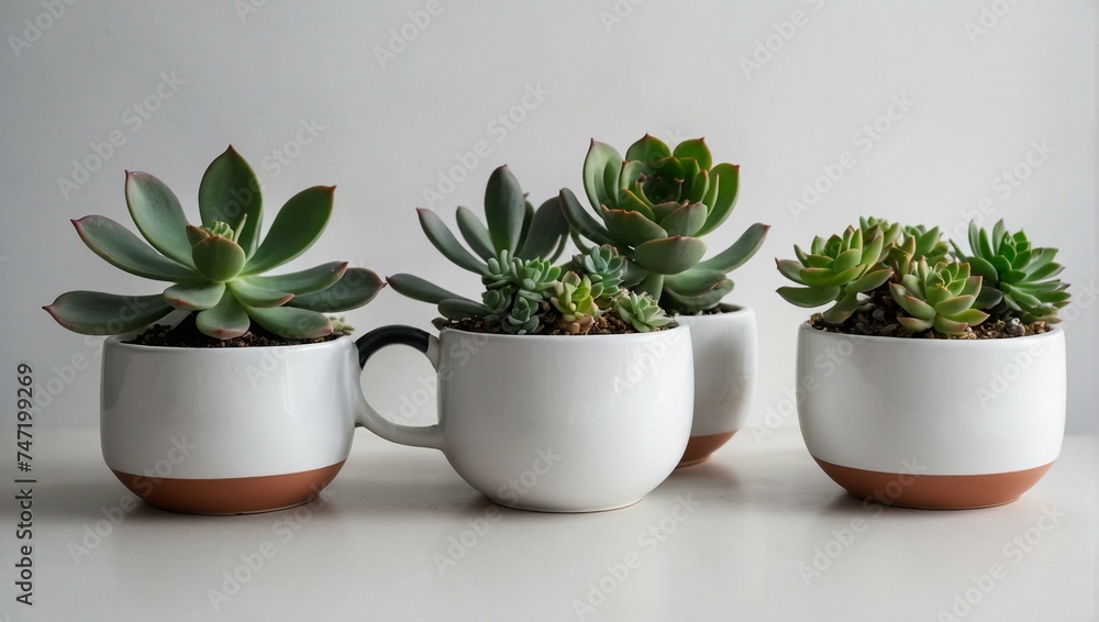 Three green succulent plants potted in modern white ceramic cups, displayed on a clean white table