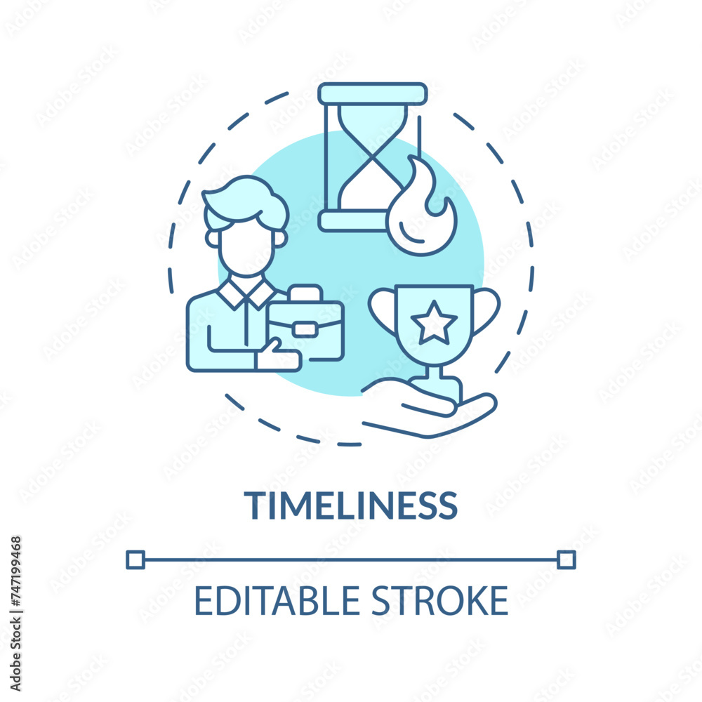 Timeliness soft blue concept icon. Employee recognition criteria. Prompt appreciation. Boost morale. Time management. Round shape line illustration. Abstract idea. Graphic design. Easy to use
