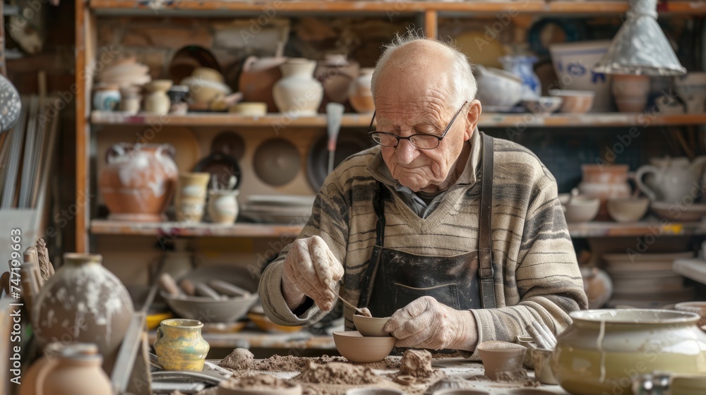 Senior men in his ceramics workshop modeling clay. Hobby after retirement concept. Senior men in his ceramics workshop modeling clay. Hobby after retirement concept.