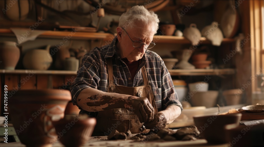 Senior men in his ceramics workshop modeling clay. Hobby after retirement concept. Senior men in his ceramics workshop modeling clay. Hobby after retirement concept.