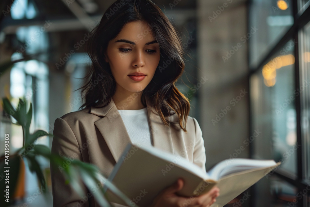 Focused Arabian business woman reading a book in office closeup. Focused Arabian business woman reading a book in office closeup.