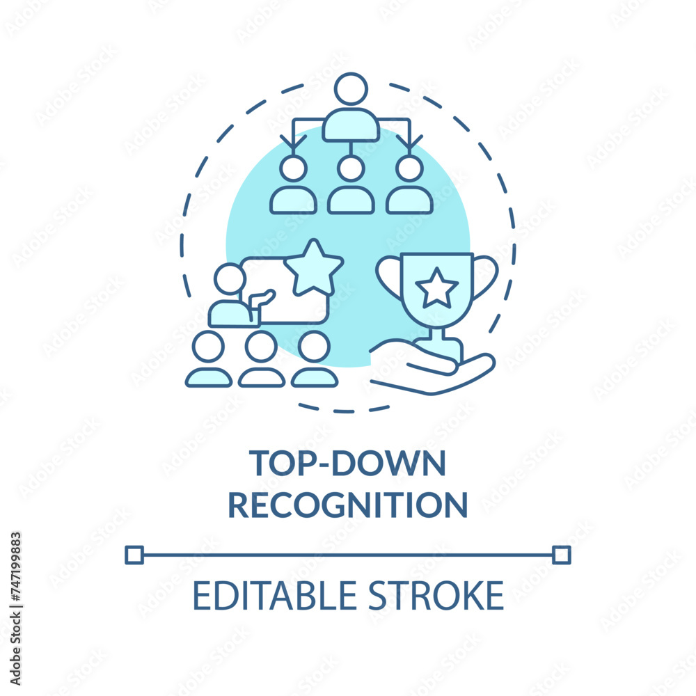 Top down recognition soft blue concept icon. Acknowledging employee. Organization hierarchy. Workplace culture. Round shape line illustration. Abstract idea. Graphic design. Easy to use