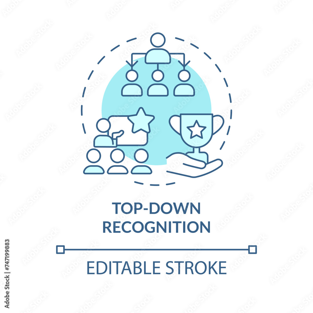Top down recognition soft blue concept icon. Acknowledging employee. Organization hierarchy. Workplace culture. Round shape line illustration. Abstract idea. Graphic design. Easy to use Top down recognition soft blue concept icon. Acknowledging employee. Organization hierarchy. Workplace culture. Round shape line illustration. Abstract idea. Graphic design. Easy to use