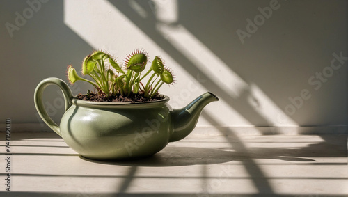 A creative concept image featuring a green ceramic teapot with a Venus flytrap plant, in a room with sunlight creating shadows on the wall photo