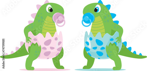 Cute baby girl and boy dinosaur characters for baby shower and gender reveal party