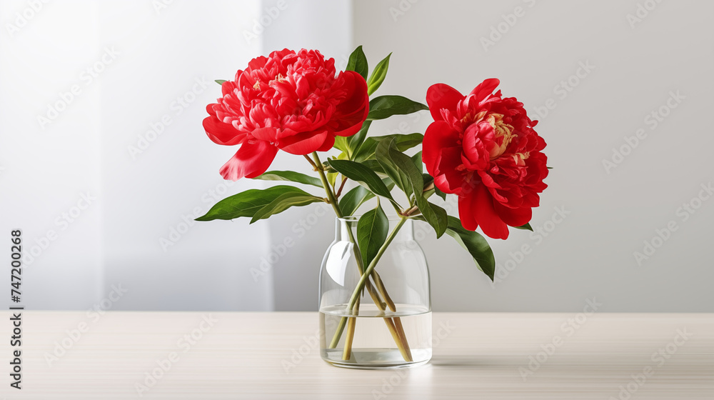Pivoines rouges, fleurs dans un vase transparent. Arrière-plan blanc. Espace vide de composition. Fleur, nature, plante. Printemps. Fond pour conception et création graphique. Pivoines rouges, fleurs dans un vase transparent. Arrière-plan blanc. Espace vide de composition. Fleur, nature, plante. Printemps. Fond pour conception et création graphique.