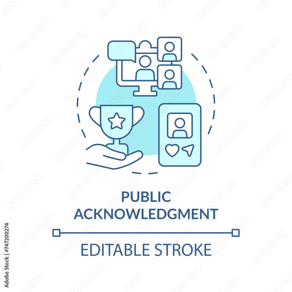 Public acknowledgement soft blue concept icon. Employee recognition. Sharing success. Team member accolade. Round shape line illustration. Abstract idea. Graphic design. Easy to use