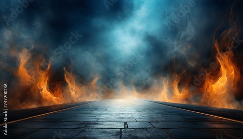 "Eerie Street Ambiance: Empty Dark Scene with Burning Flame on Asphalt Texture"