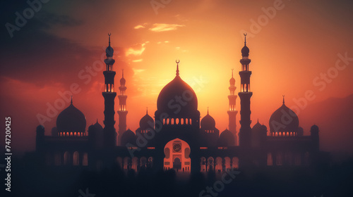 Silhouette of Majestic Mosque at Sunset: A grand mosque’s intricate silhouette against a breathtaking sunset, evoking peace and serenity.