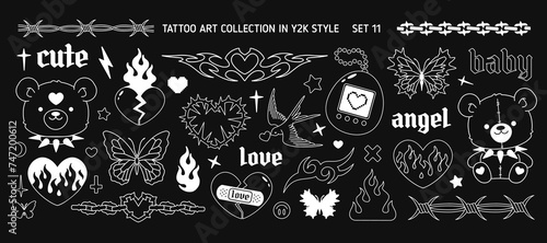 Y2k fashion elements in 2000s style set 11. Y2k Gothic heart, butterfly, chain, flame silhouette, teddy bear head. Opium style fashion elements. Gothic tattoo stickers. Printable vector designs