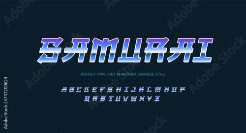 90s Japanese style font type and chrome alphabet in cyberpunk style. Retro vector japanese or chinese style type font. Lettering set for print tee and poster design. Asian style sci-fi lettering