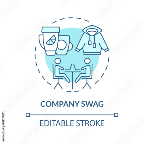 Company swag soft blue concept icon. Office branded merchandise. Gifts for team members. Employee recognition. Round shape line illustration. Abstract idea. Graphic design. Easy to use