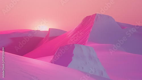 Surreal pink landscape featuring mountains in the warm glow of a pink sunset.
 photo