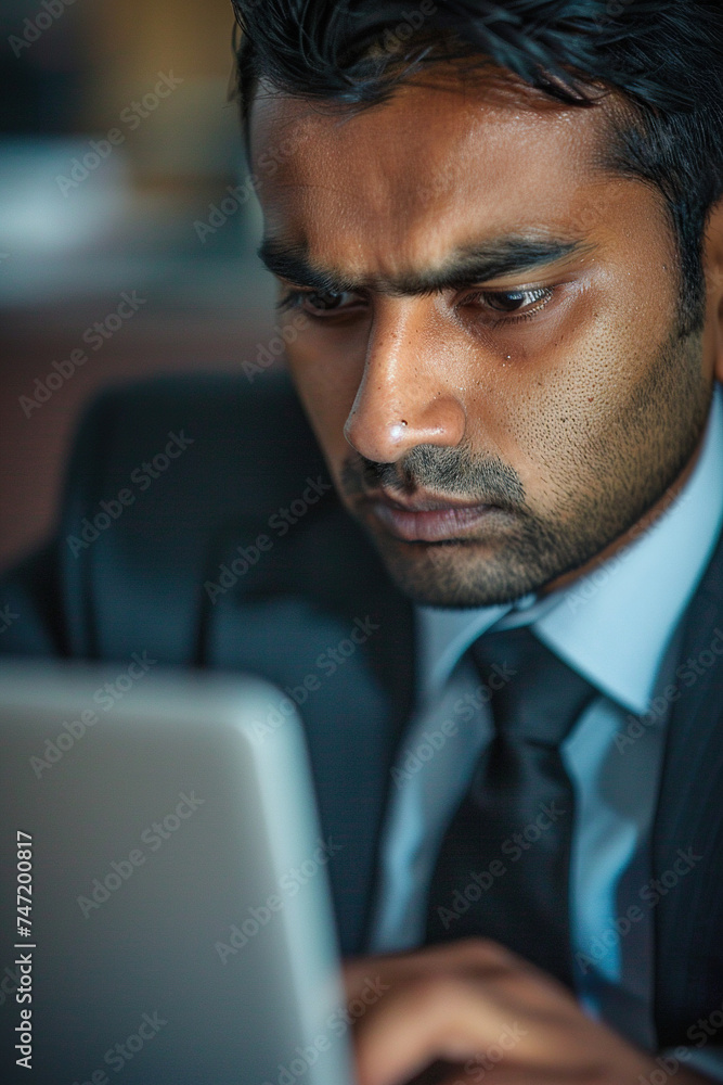 Focused Indian business man typing at laptop in office closeup. Guy surfing internet Focused Indian business man typing at laptop in office closeup. Guy surfing internet
